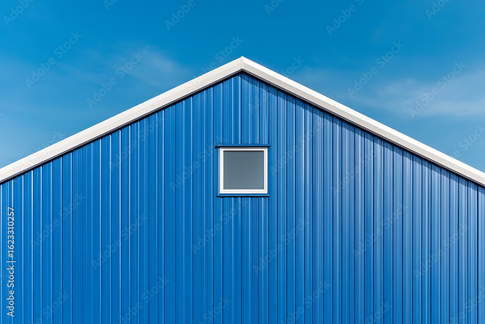Fototapeta premium Blue corrugated metal facade with a centered square window and a white trim against a blue sky. Minimalist and architectural.