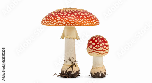 A detailed vector illustration of two red Amanita muscaria mushrooms on white.