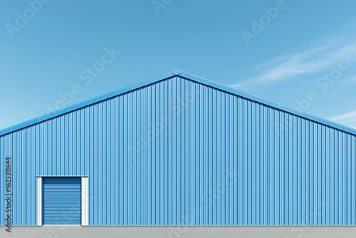 Minimalist architecture against a blue sky. A modern building with clean lines and a monochromatic color scheme. Simplicity in design.