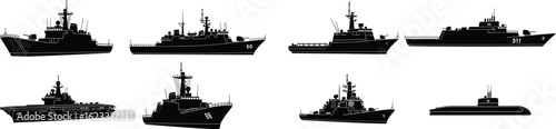 Collection of eight naval vessel silhouettes including submarine and warships, black-and-white vector illustration ideal for military and maritime themes