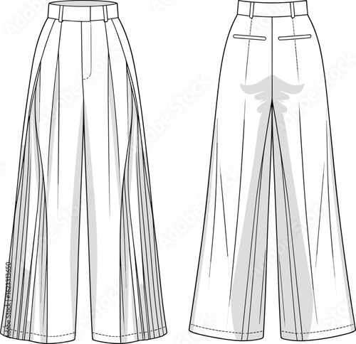 Wide-leg pleated pants illustration, high-waist fashion template, front and back views, tailored garment sketch, vector clothing design, stylish outfit