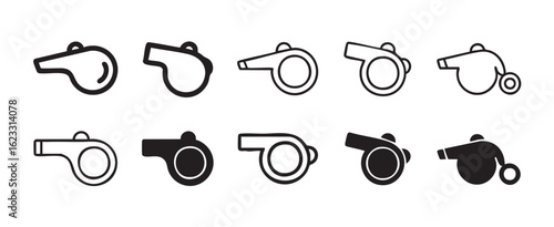 Ten black and white whistle icons in minimalist line art and solid fill styles sport referee