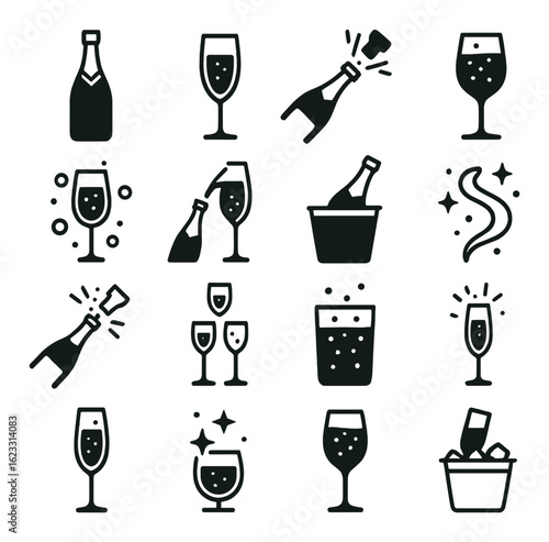 Collection of champagne icons: glasses, bottles, bubbles, and toasting celebration elements