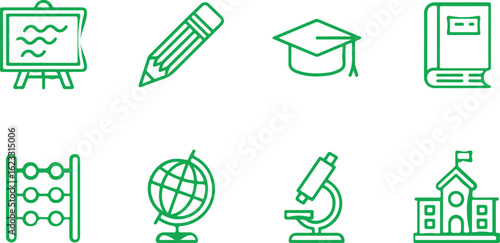 Education and Learning Icon Set Representing Various Aspects of Schooling and Knowledge Acquisition, All Rendered in a Green Outline Style