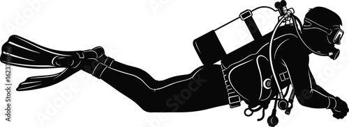 Scuba diver silhouette in horizontal swim pose, complete with fins, tank, and BCD gear, ideal for underwater vector themes