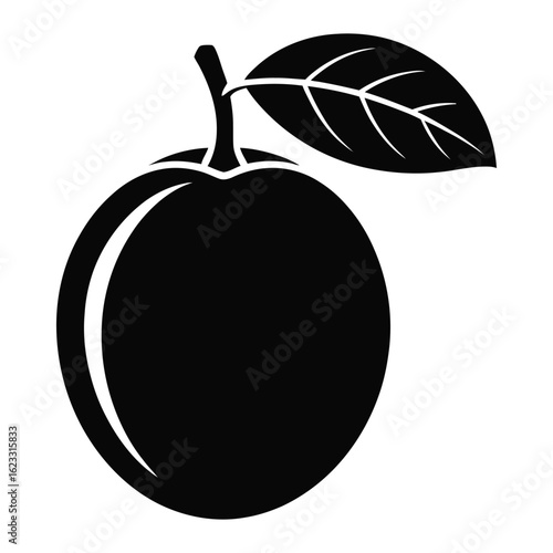 Black silhouette of a plum with a leaf and stem on white background fruit