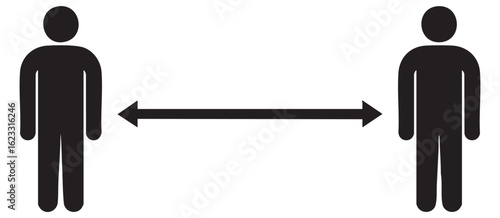 Two black silhouette figures with a double arrow indicating distance between them social distancing people