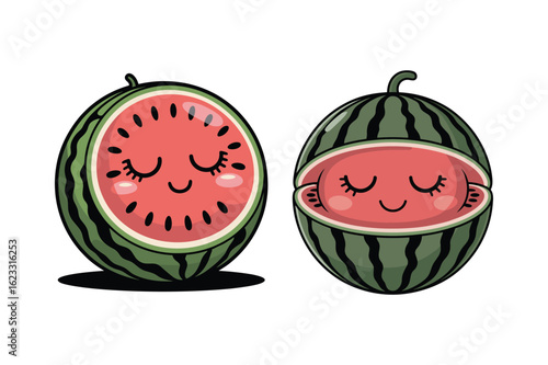 Cute smiling watermelons with closed eyes and rosy cheeks fruit happy