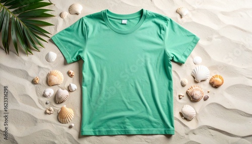 Top view of a blank green t-shirt mockup on a sandy beach. Summer vacation flat lay with seashells and a palm leaf for apparel design.