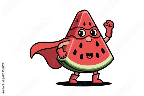 Superhero watermelon slice with cape and mask fruit character