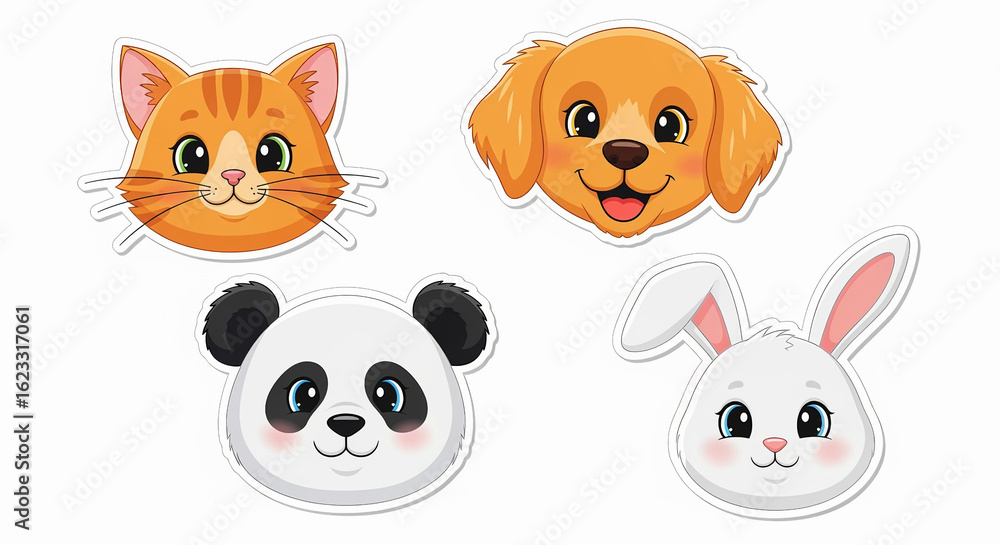 Fototapeta premium Adorable cartoon animal faces including a cute cat, happy dog, playful panda, and sweet bunny bringing joy to kids' products, educational resources, and charming designs for children
