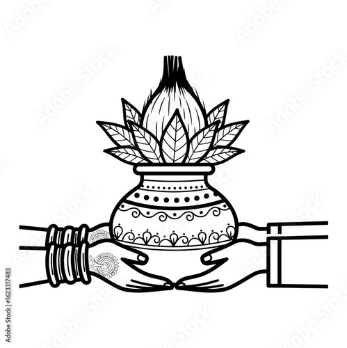 Indian Wedding Art Hands hold pot with Mehendi / Kalash Sthapana