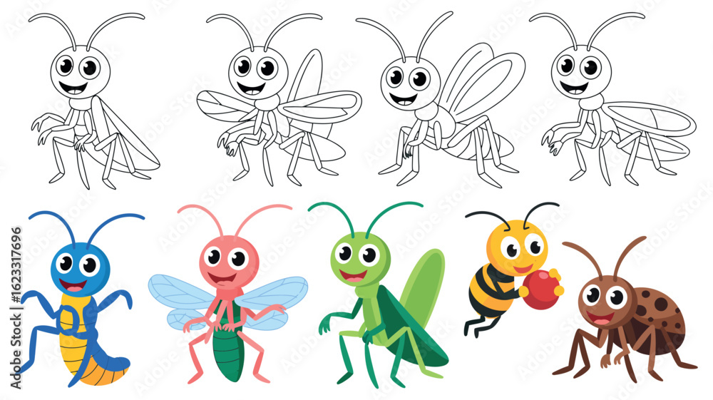 Naklejka premium Collection of cartoon insects with smiling faces and black outlines for kids