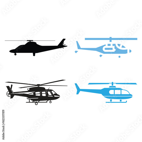 Dynamic helicopter illustration with detailed rotor and fuselage elements in vibrant colors