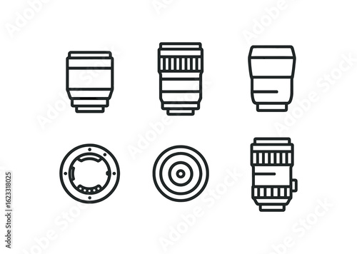 simple outline stroke icon items photographic lens (brands avoided): standard glass third party mirrorless type SLR mount general optic pro tool monoline icons style isolated on white