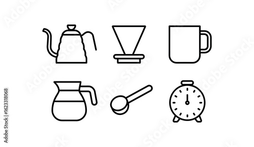 simple outline stroke icon items coffee simple outline stroke icon itemsainer (accessories): kettle dripper mug carafe scoop timer monoline icons style isolated on white background