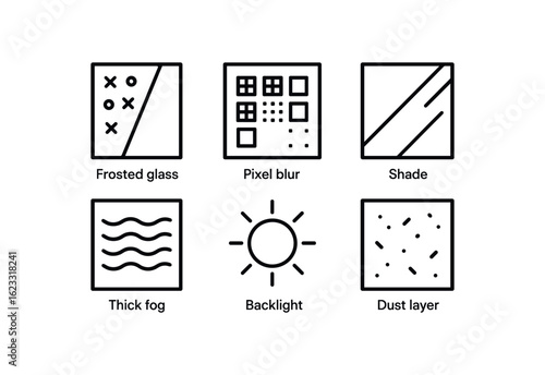 simple outline stroke icon items visual obscuration (examples): frosted glass pixel blur shade thick fog backlight dust layer monoline icons style isolated on white background