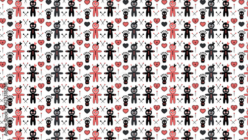 Seamless voodoo doll pattern with red hearts pins and mystical symbols
