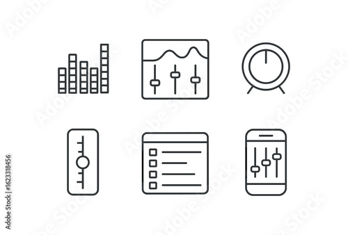 simple outline stroke icon items audio equalizer (tools): graphic EQ parametric EQ filter knob gain control preset panel app screen monoline icons style isolated on white background
