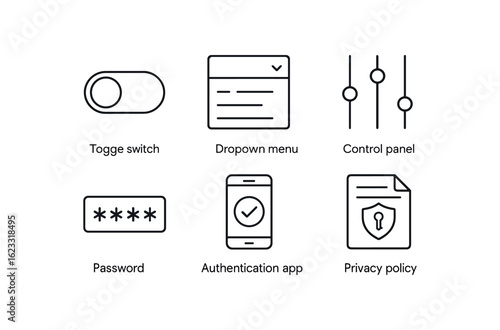 simple outline stroke icon items privacy settings (tools): toggle switch dropdown menu control panel password field authentication app privacy policy monoline icons style isolated on white
