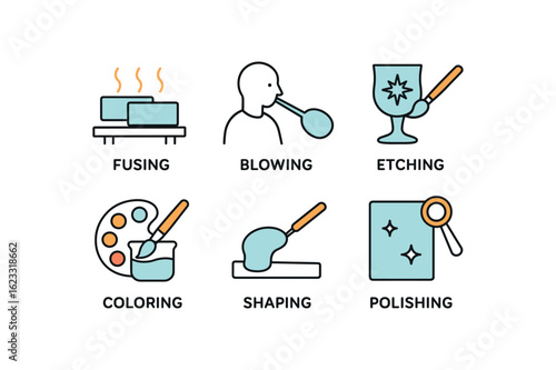 simple outline stroke icon items colored glass (techniques): fusing blowing etching coloring shaping polishing monoline icons style isolated on white background