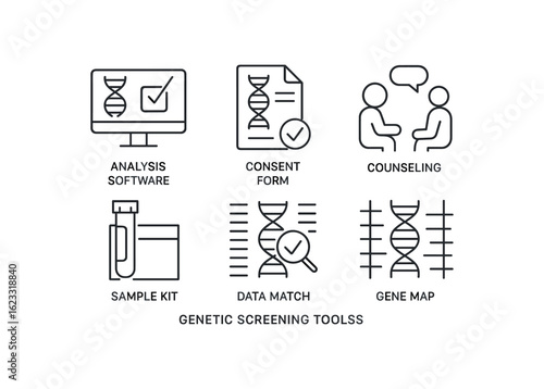simple outline stroke icon items genetic screening (tools): analysis software consent form counseling sample kit data match gene map monoline icons style isolated on white background
