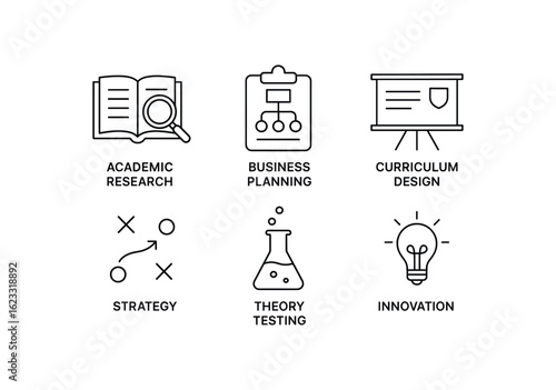 simple outline stroke icon items conceptual framework (uses): academic research business planning curriculum design simple outline stroke icon itemsategy theory testing innovation monoline