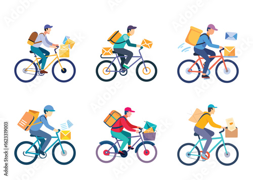 Cartoon illustration of mail carriers on bicycles delivering letters and packages