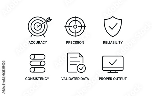 simple outline stroke icon items sensor calibration (outcomes): accuracy precision reliability consistency validated data proper output monoline icons style isolated on white background