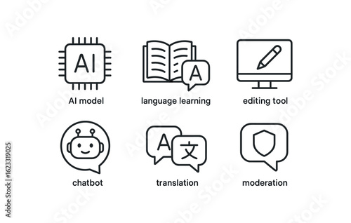 simple outline stroke icon items semantic filter (uses): AI model language learning editing tool chatbot translation moderation monoline icons style isolated on white background