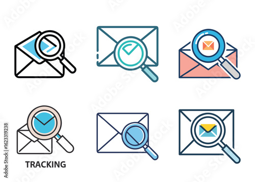 Email Tracking and Monitoring Icons with Magnifying Glass for Data Analysis