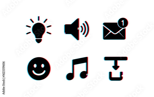 six different glitch effect illustration isolated on white backgorund surprise bulb surprise jump scare speaker surprise notification badge surprise envelope sticker surprise soundtrack cue