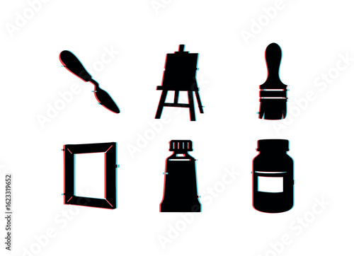 six different glitch effect illustration isolated on white backgorund painter palette knife tool painter easel stand frame painter brush ferrule ring painter canvas stretcher painter paint