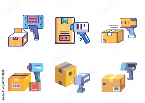 Various images of barcode scanners scanning packages in a distribution center