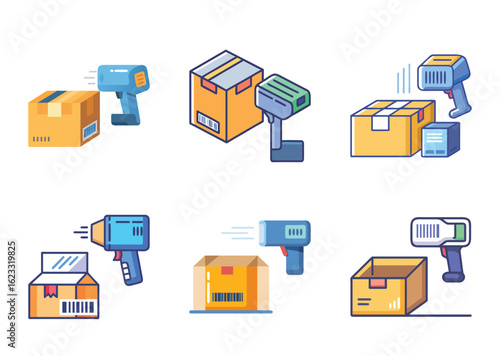 Various barcode scanners reading cardboard boxes for shipping and delivery services