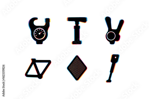 six different glitch effect illustration isolated on white backgorund bicycle spoke tension meter bicycle tire pump nozzle bicycle gear shifter lever bicycle frame triangle tube bicycle