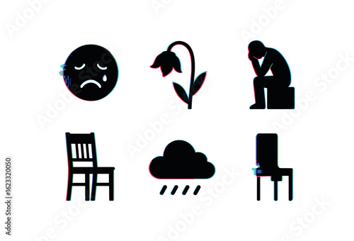 six different glitch effect illustration isolated on white backgorund sadness sigh soundwave sadness drooping flower sadness sorrow stone sculpture sadness empty chair sadness overcast sky
