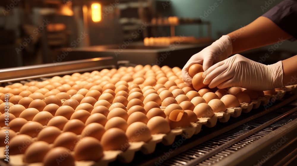 hand of farm worker pick up fresh eggs from tray hand of farm worker pick up fresh eggs from tray