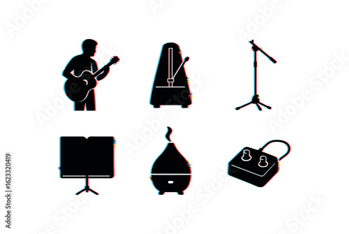 six different glitch effect illustration isolated on white backgorund musician guitar strap musician metronome musician instrument stand musician sheet music folder musician humidifier