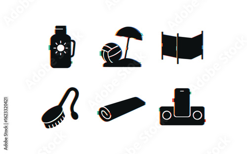 six different glitch effect illustration isolated on white backgorund beach sunscreen holder beach volleyball set beach windbreak screen beach foot scrub brush beach floating mat beach