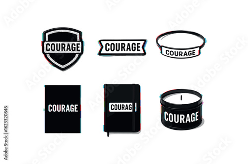 six different glitch effect illustration isolated on white backgorund courage emblem patch courage lapel pin courage mantra bracelet courage poster print courage notebook journal courage