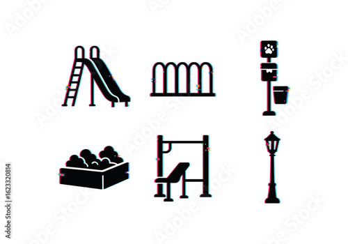 six different glitch effect illustration isolated on white backgorund park playground slide park bike rack park dog waste station park garden bed park fitness equipment park path lighting