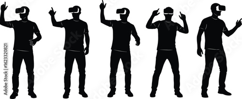 Virtual reality headset silhouette set with five dynamic poses showing immersive interaction, futuristic black vector icons for tech themes