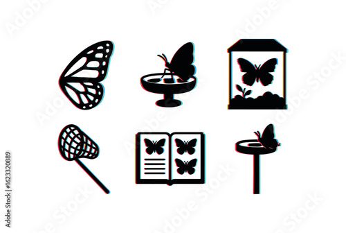 six different glitch effect illustration isolated on white backgorund butterfly wing pattern chart butterfly nectar feeder butterfly habitat terrarium butterfly catch net butterfly