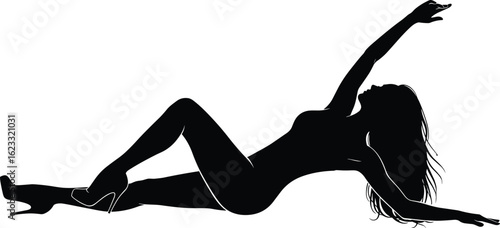 Silhouette of reclining woman in heels, relaxed pose, elegant vector art, minimalist line style, fashion, calm, leisure concept
