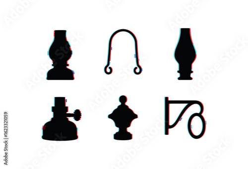 six different glitch effect illustration isolated on white backgorund rusty lantern oil reservoir rusty lantern metal handle rusty lantern glass chimney rusty lantern wick adjuster rusty