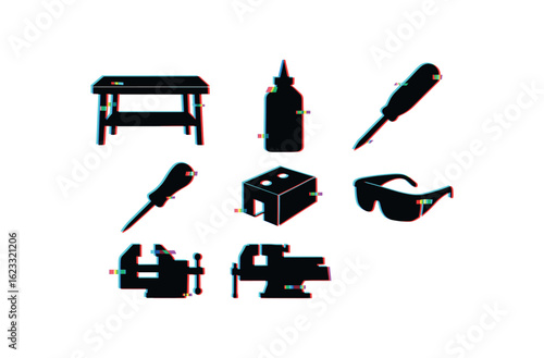 six different glitch effect illustration isolated on white backgorund carpenter workbench carpenter wood glue carpenter scriber awl carpenter dowel jig carpenter bench vise carpenter safety