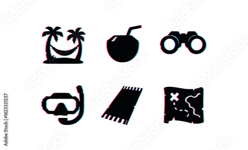 six different glitch effect illustration isolated on white backgorund island hammock stand island coconut opener island wildlife binoculars island reef mask island beach towel island