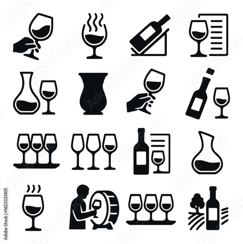 Wine themed icons set with glasses, bottles, decanter and taster silhouettes