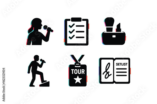 six different glitch effect illustration isolated on white backgorund singer soundcheck checklist singer foot pedal singer hair and makeup kit singer signature necklace singer tour bus pass
